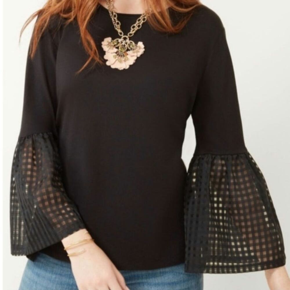 MAETTE Stella & Dot Windowpane Tulle Bell Sleeve Black Cotton Blend Top S